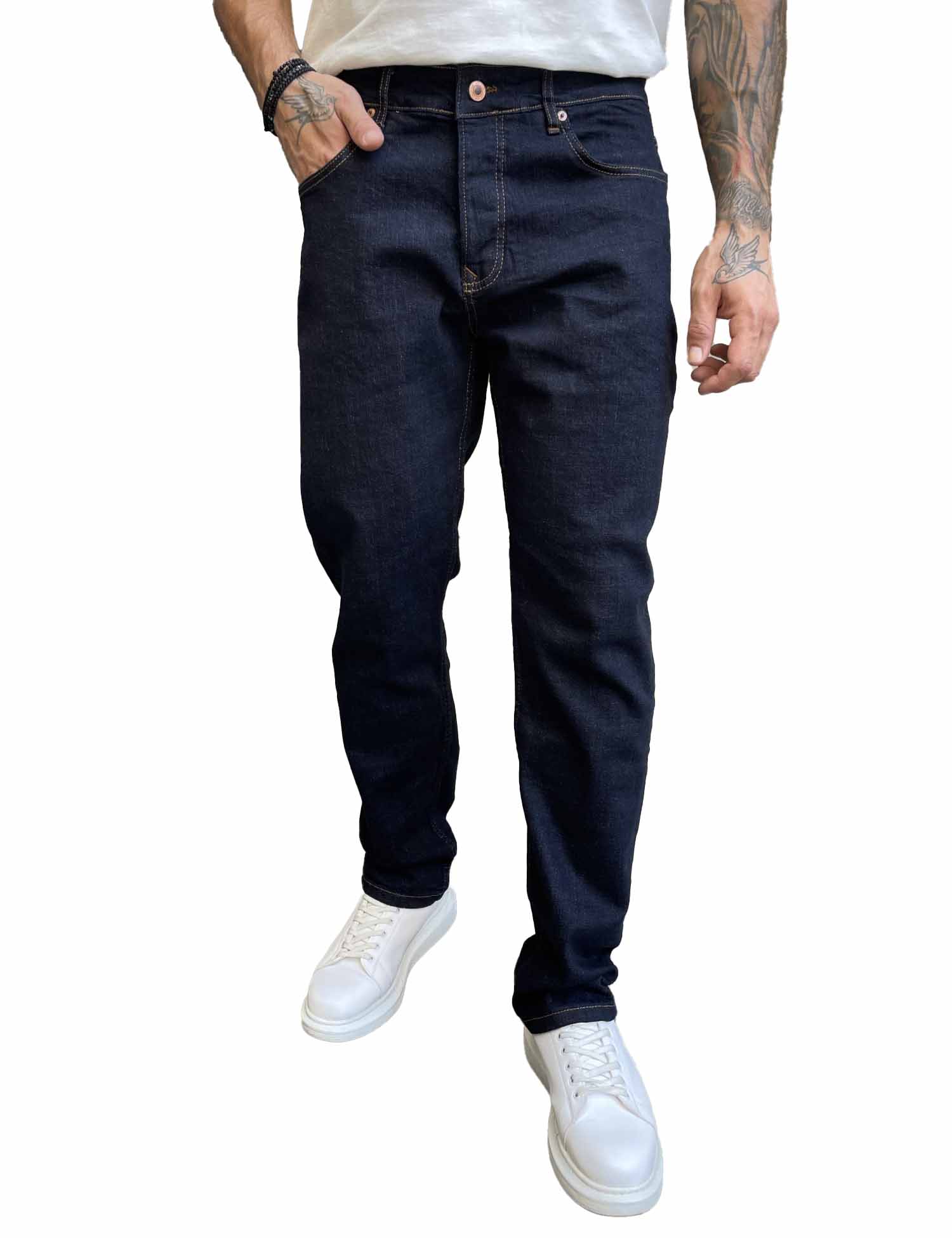 Ανδρικό blue black πεντάτσεπο τζιν παντελόνι ίσιο με κουμπιά 3LN2026 φωτογραφία